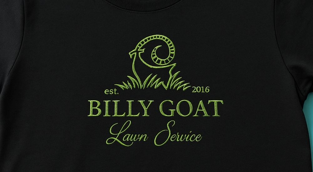 Crna majica položena na sto sa zelenim Billy Goat Lawn Service vezom na prednjoj strani