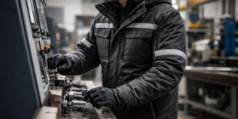 Radnik u industrijskom pogonu nosi kvalitetnu zimsku radnu jaknu tokom rada