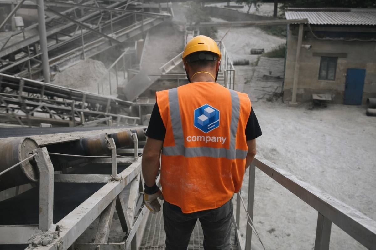 Radnik na industrijskom postrojenju u brendiranoj zaštitnoj opremi sa logotipom kompanije na leđima.