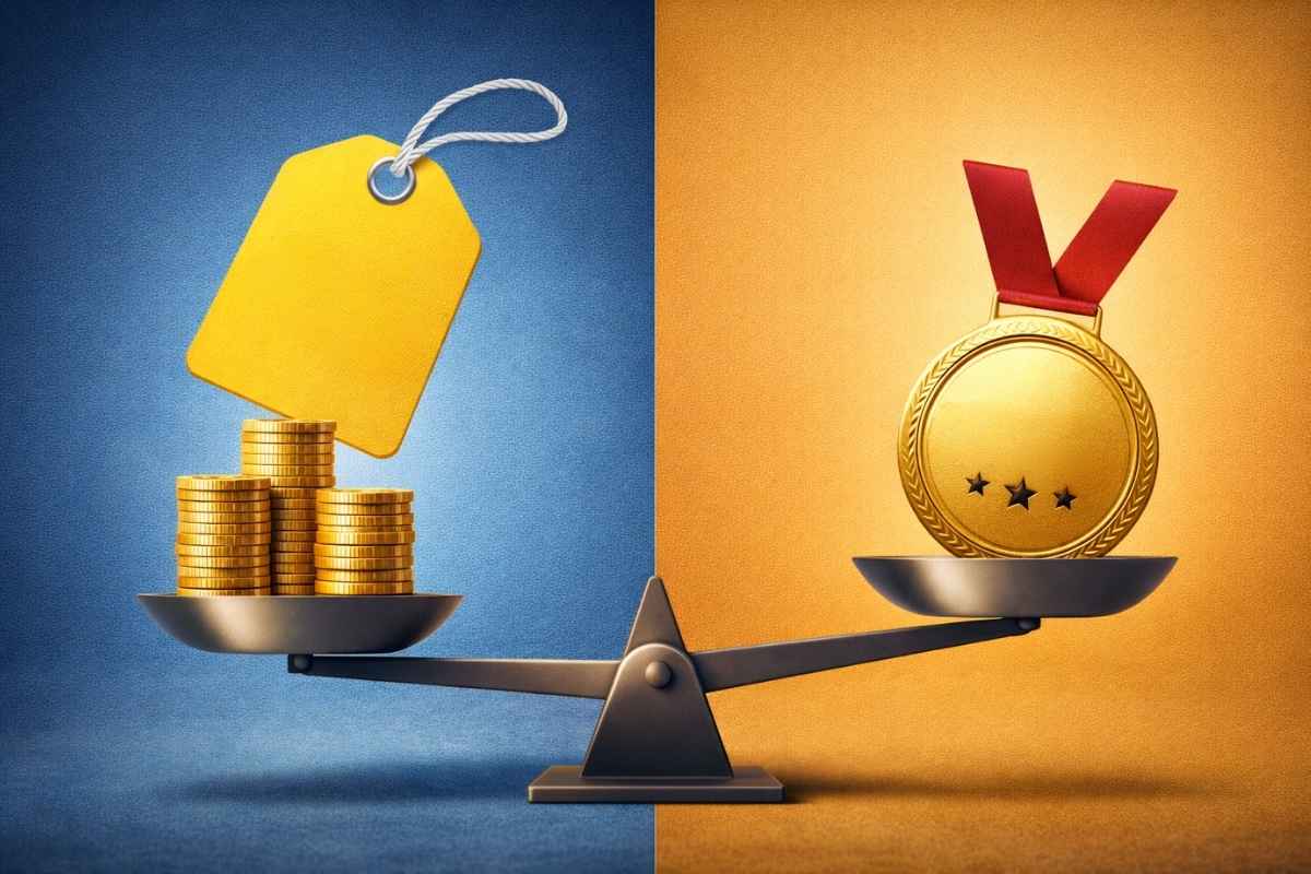 Vaga koja poredi cenu i kvalitet kroz simbol novca i medalje