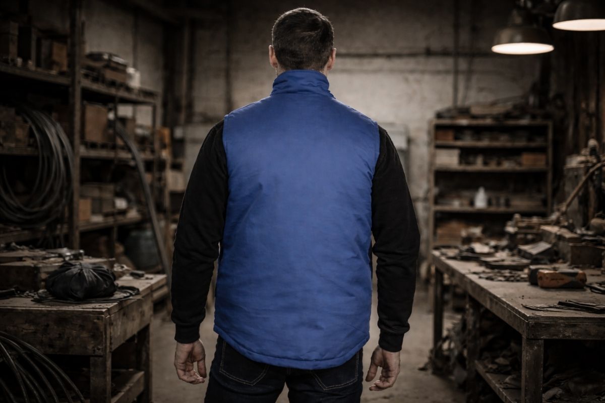 Radnik u industrijskom prostoru nosi zaštitnu radnu opremu bez vidljivih bezbednosnih oznaka