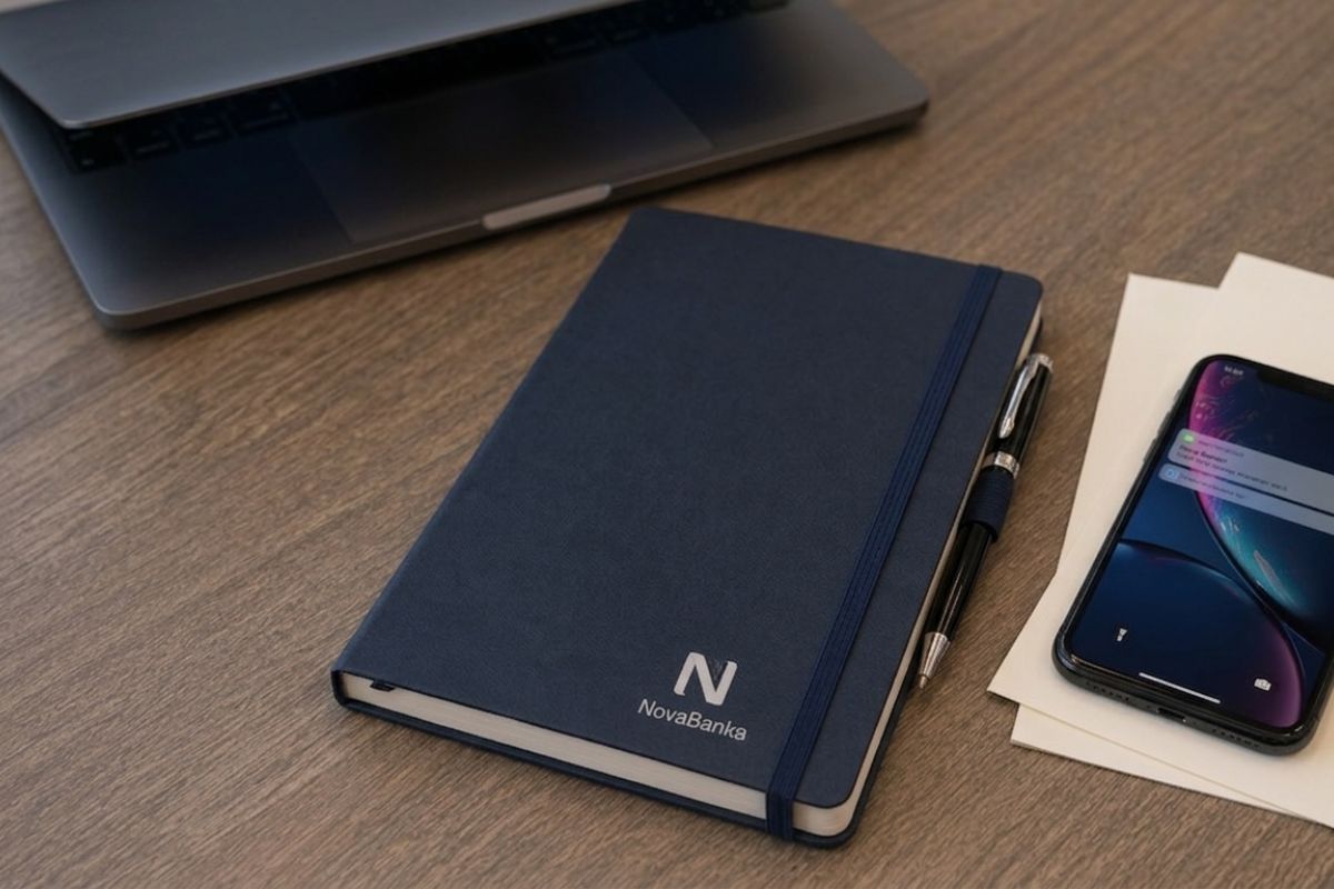 6 Najboljih promotivnih proizvoda za banke i finansijske institucije 9 Brendirani notes i olovka banke na radnom stolu pored laptopa i telefona