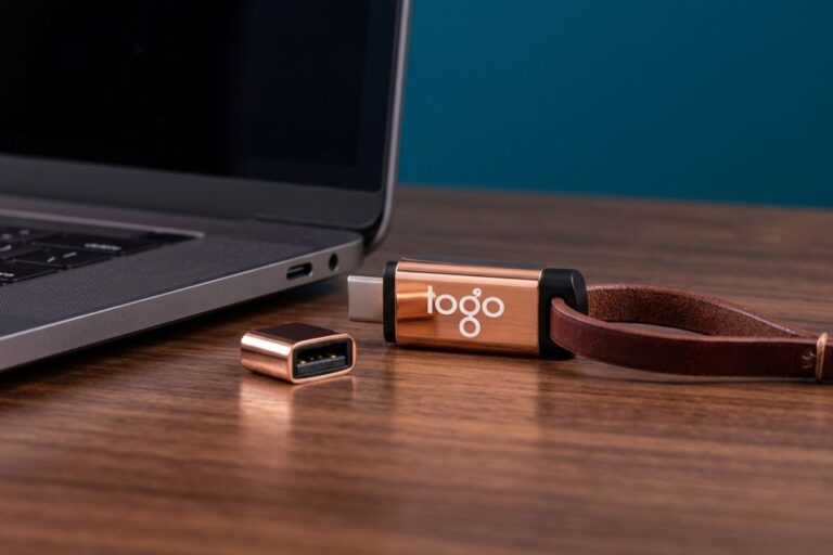 USB memorija sa logotipom pored laptopa kao primer reklamnog materijala za IT firme