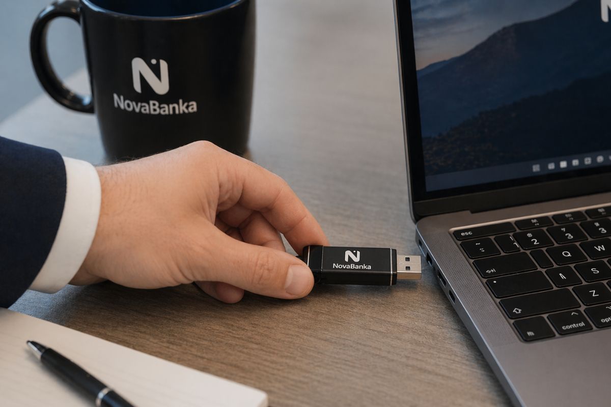 6 Najboljih promotivnih proizvoda za banke i finansijske institucije 8 Ruka ubacuje brendiranu USB memoriju banke u laptop na radnom stolu
