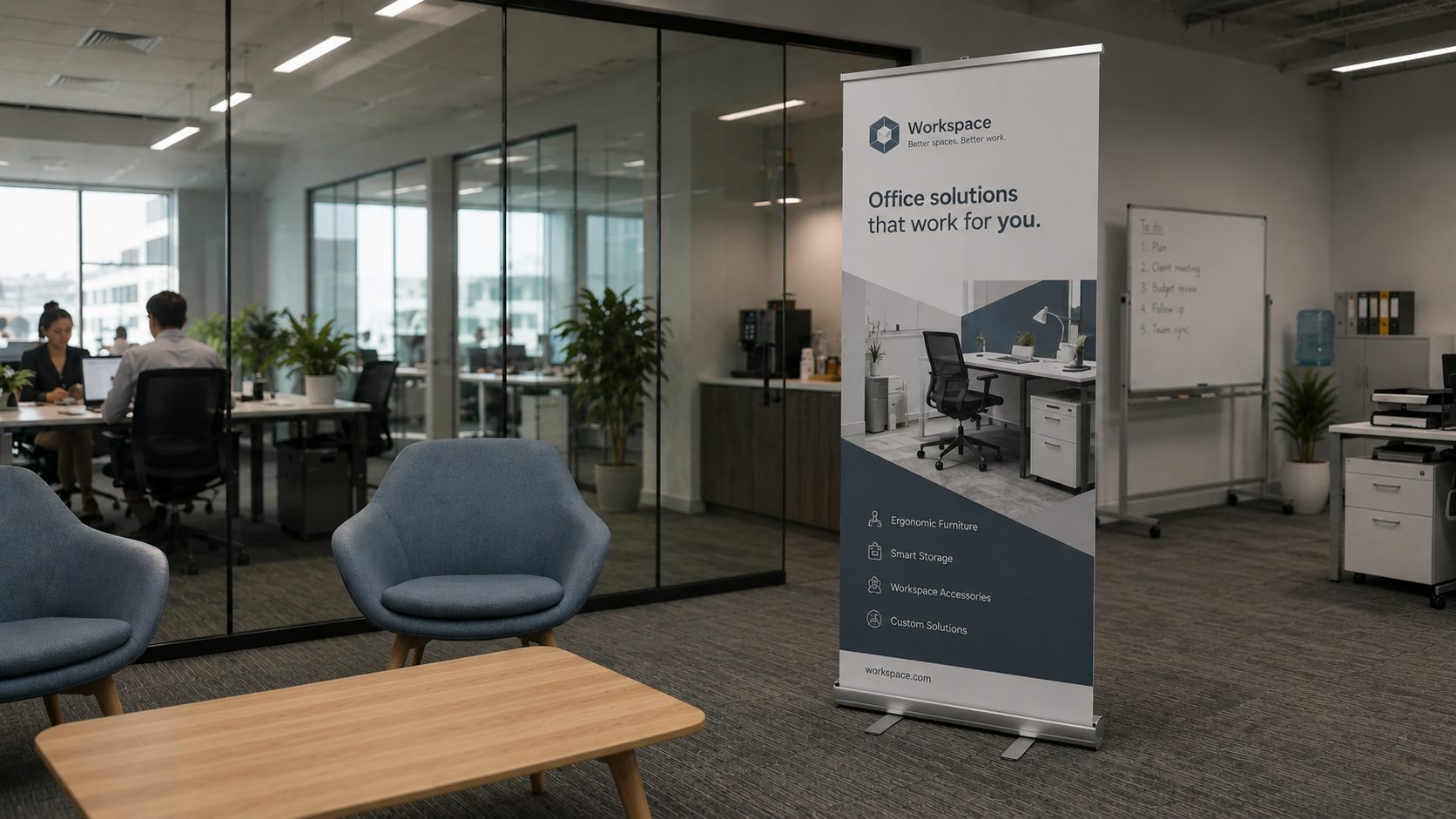 Koja dimenzija rollup banera je najbolja (85x200, 100x200, 120x200) 5 Roll-up baner dimenzija 85×200 cm postavljen u modernoj kancelariji pored prostora za sastanke