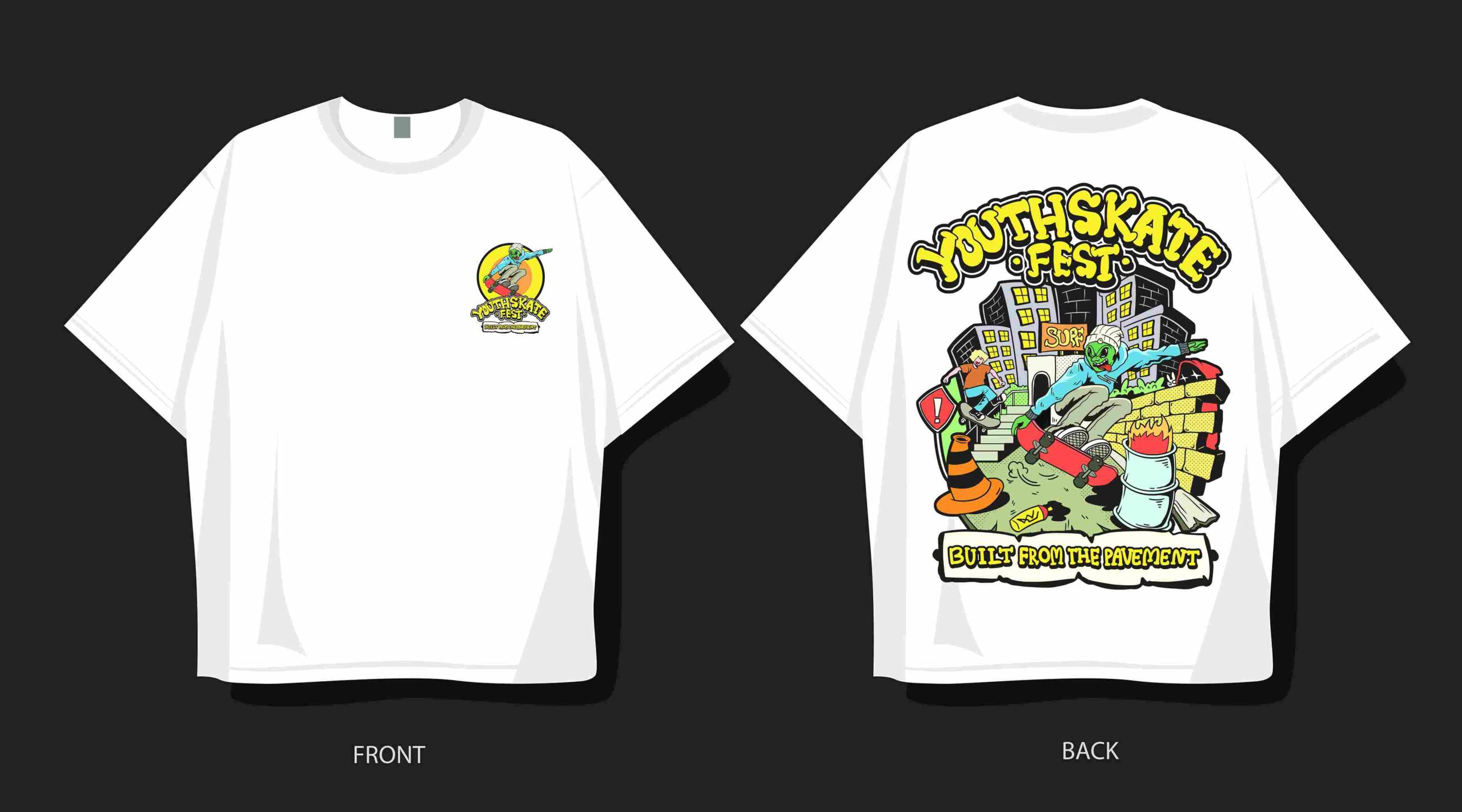 Koja štampa na tekstilu najduže traje - poređenje tehnika štampe u praksi 4 Bela majica sa kolor ilustracijom skejtbord festivala na leđima i manjim logotipom na prednjoj strani