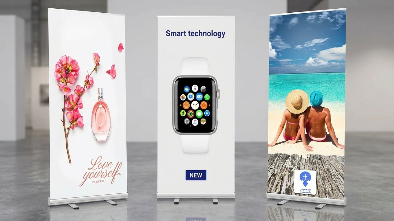 Rollup baner različitih dimenzija sa promotivnim grafikama za marketing i sajamske nastupe